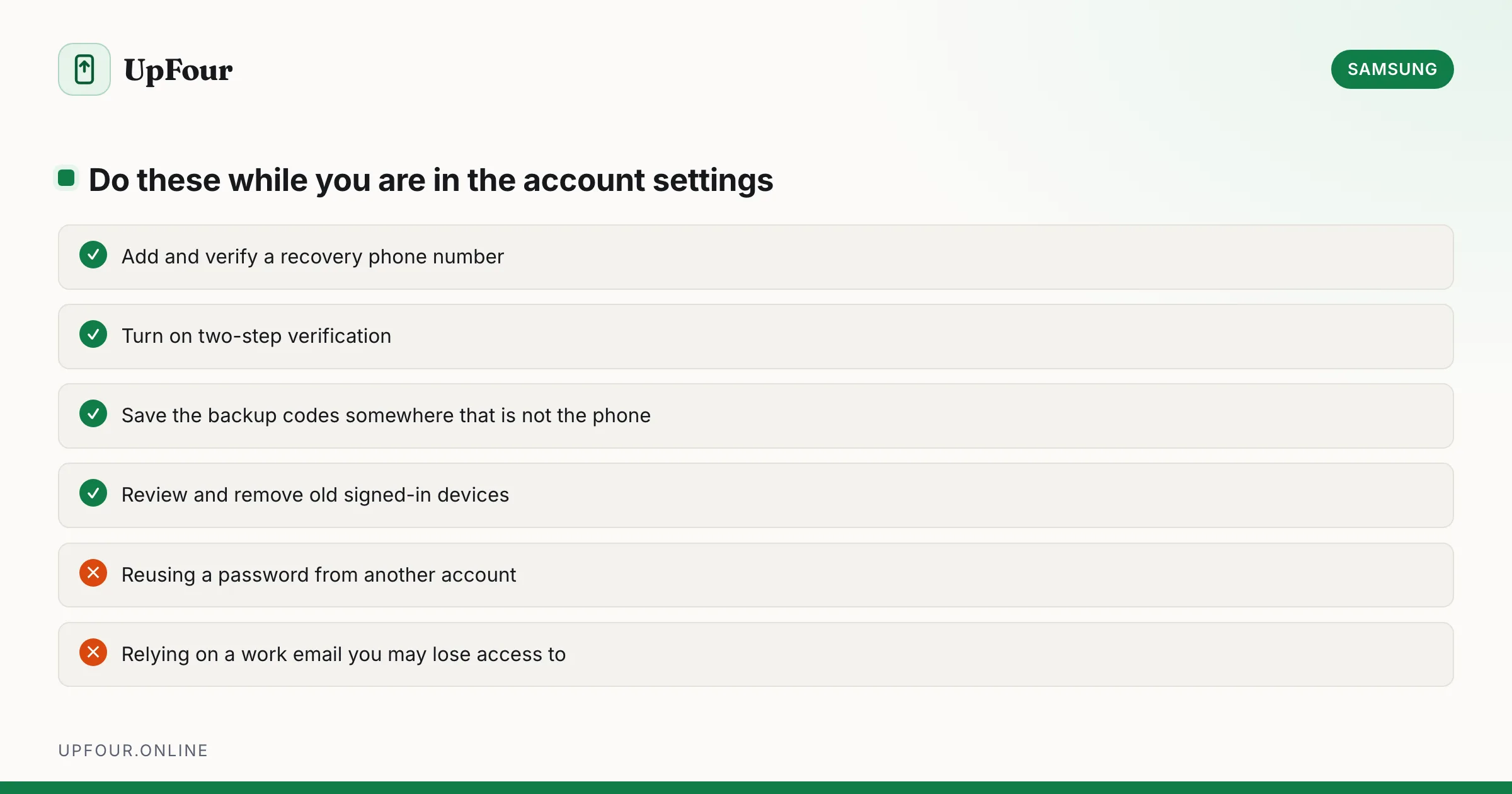 Do these while you are in the account settings. Do: Add and verify a recovery phone number, Turn on two-step verification, Save the backup codes somewhere that is not the phone, Review and remove old signed-in devices. Avoid: Reusing a password from another account, Relying on a work email you may lose access to.