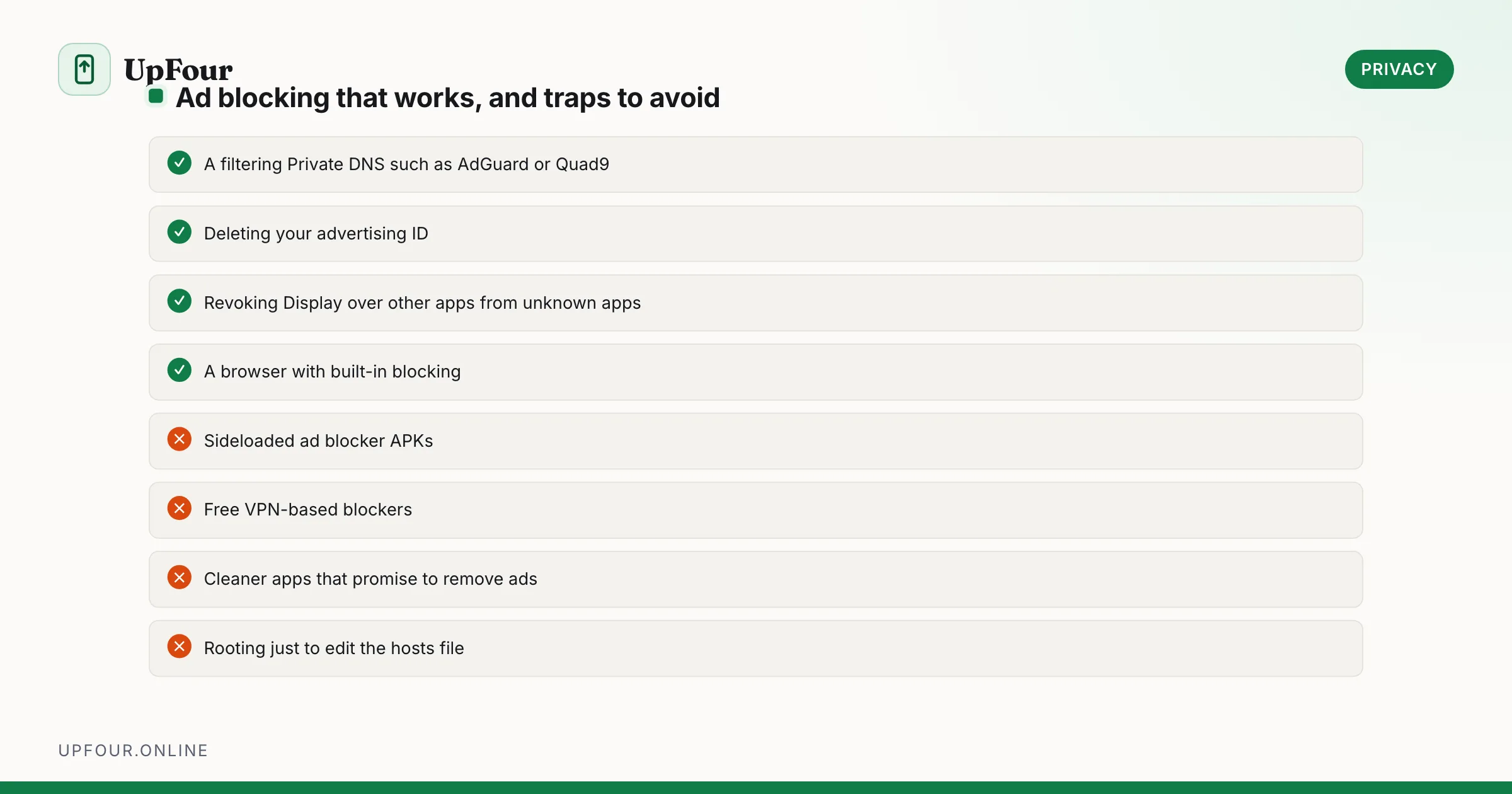 Ad blocking that works, and traps to avoid. Do: A filtering Private DNS such as AdGuard or Quad9, Deleting your advertising ID, Revoking Display over other apps from unknown apps, A browser with built-in blocking. Avoid: Sideloaded ad blocker APKs, Free VPN-based blockers, Cleaner apps that promise to remove ads, Rooting just to edit the hosts file.